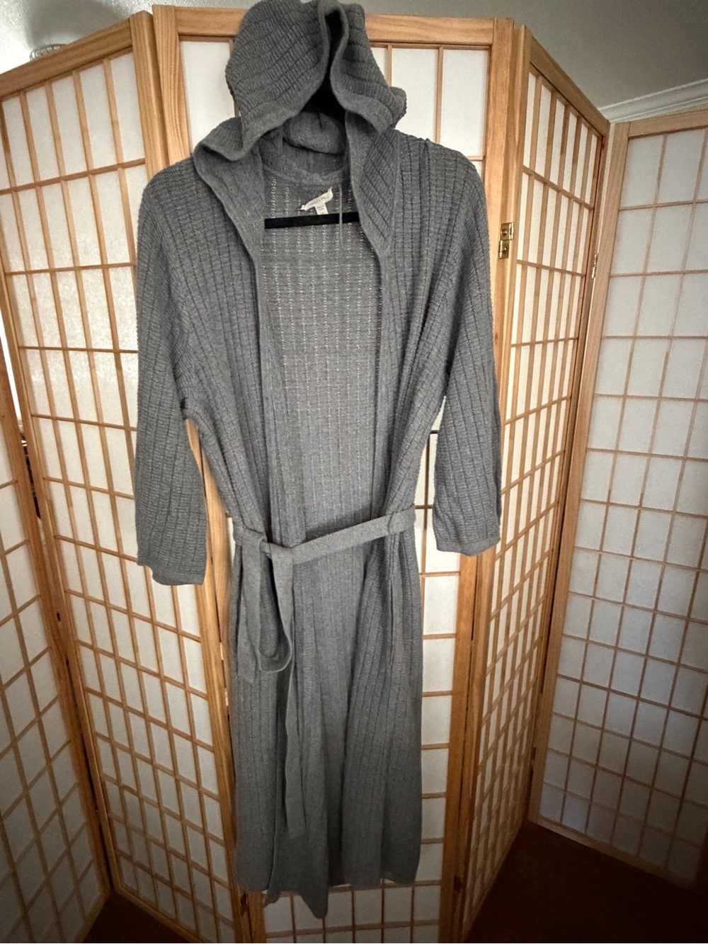 Garnet Hill Gray Hooded Knit Duster Cardigan or Robe = Cotton/Cashmere